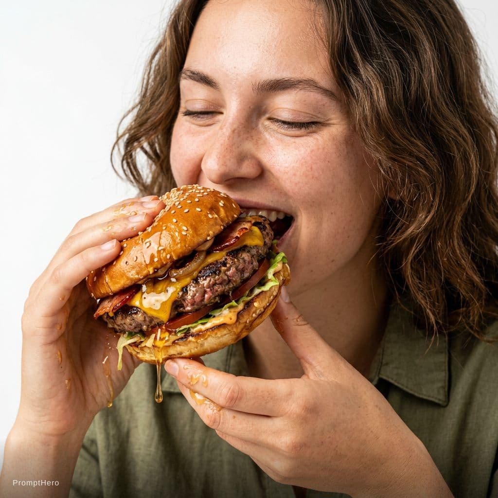AI generated: Isolated young person with a natural appearance eating a juicy gourmet hamburger, with drips of hpne...