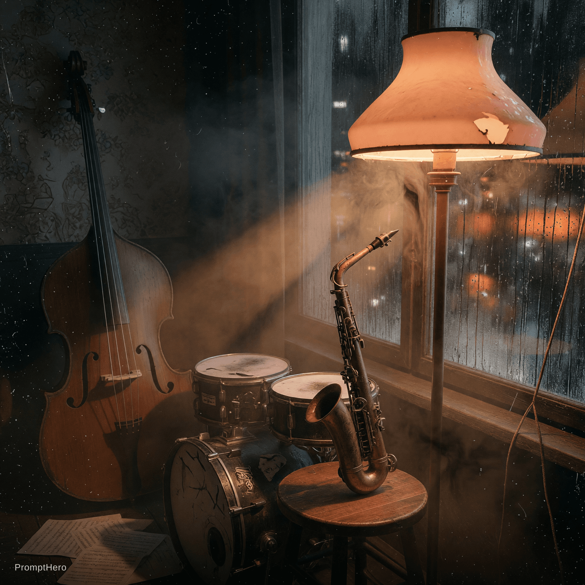 AI generated: A close-up, intimate photograph 16:9 inside a dimly lit, rain-streaked cyberpunk high-rise. Instead ...