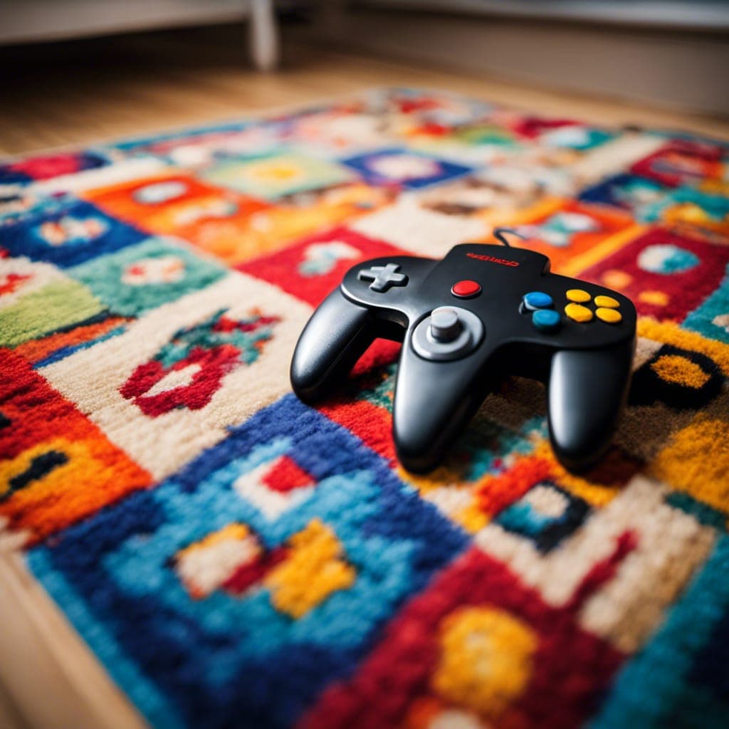 AI generated: an image of a Nintendo 64 console on a 90s-style bedroom floor with colorful rugs, full view of a Ni...