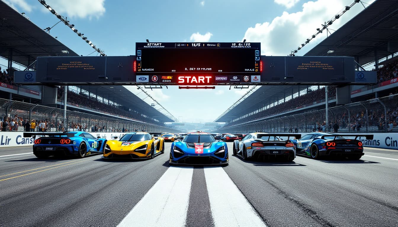 AI generated: On a wide racing track behind the START stripe (a white stripe across the track and the inscription ...
