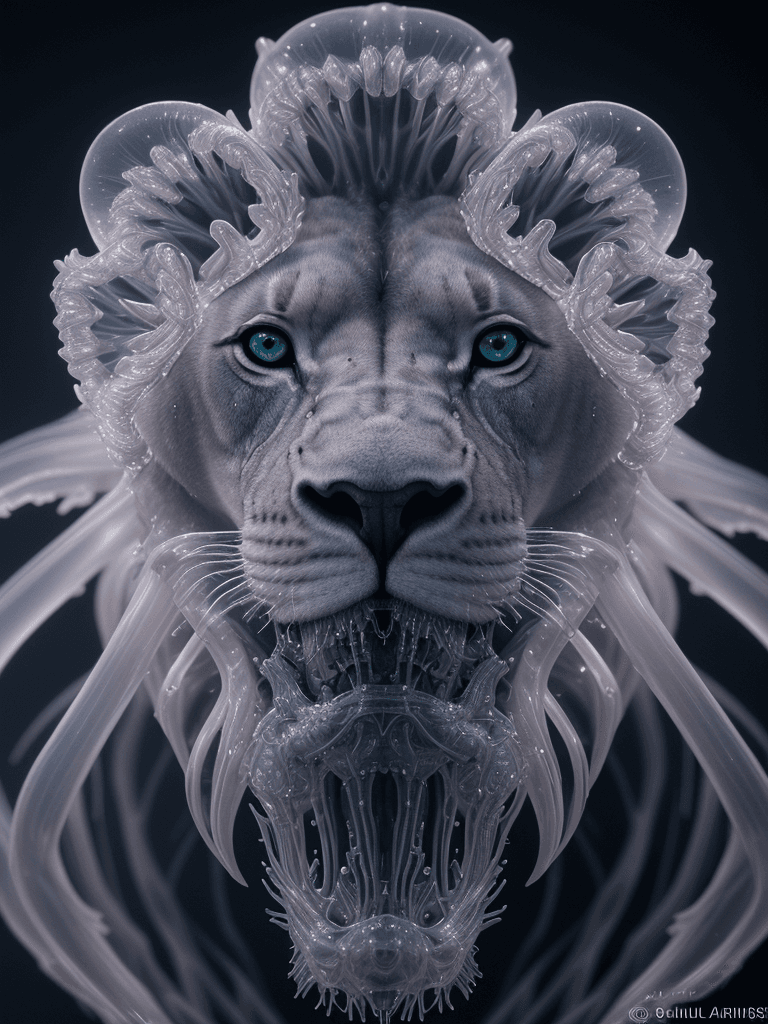 AI generated: lion close-up portrait ribcagel. jellyfish symmetrical head, bioluminiscent scriptures, intricate ar...