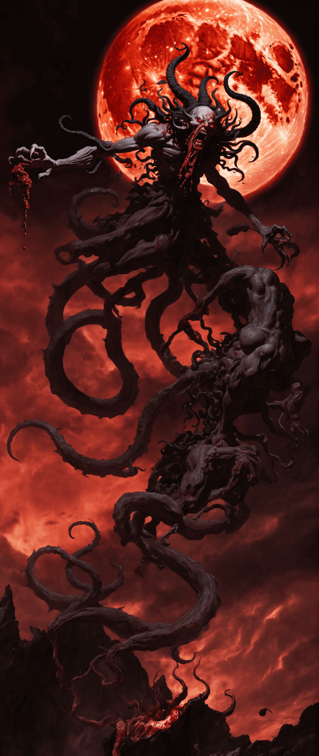 AI generated: concept art a classical paint, an eldritch god descending from the sky about to spread pestilence ac...