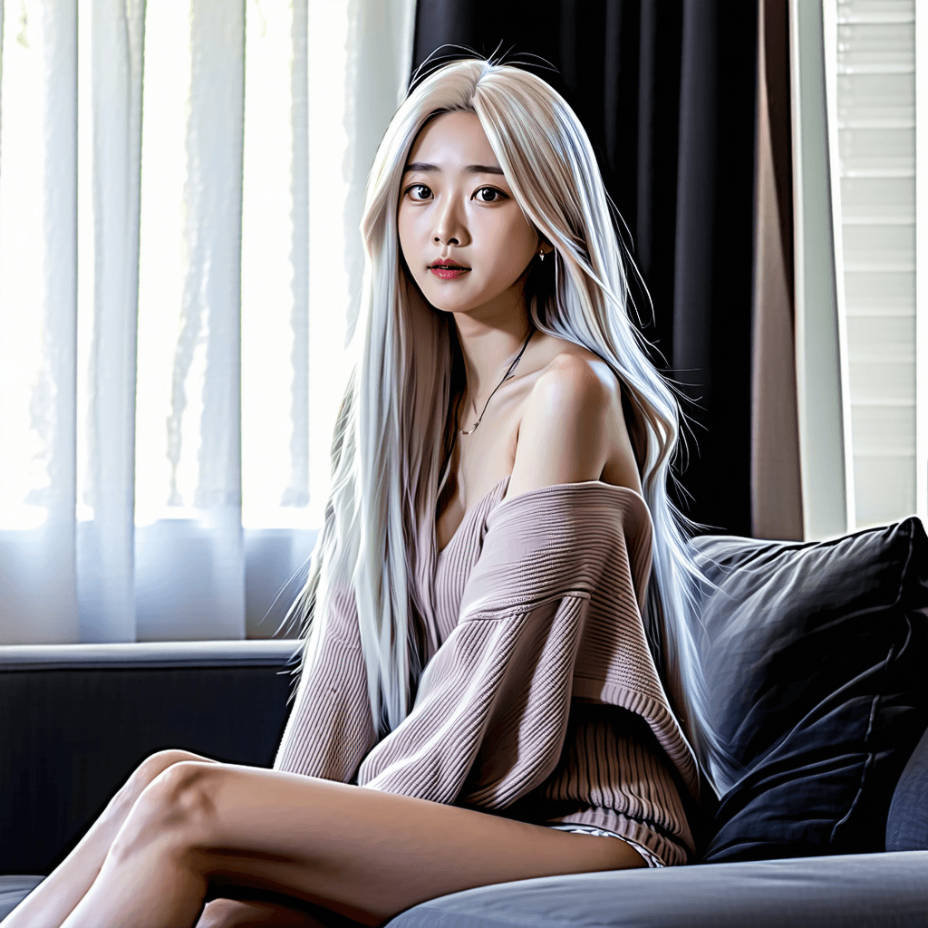 AI generated: breathtaking beautiful Chinese woman, long ash-white hair, light blue eyes, from the side, sitting o...