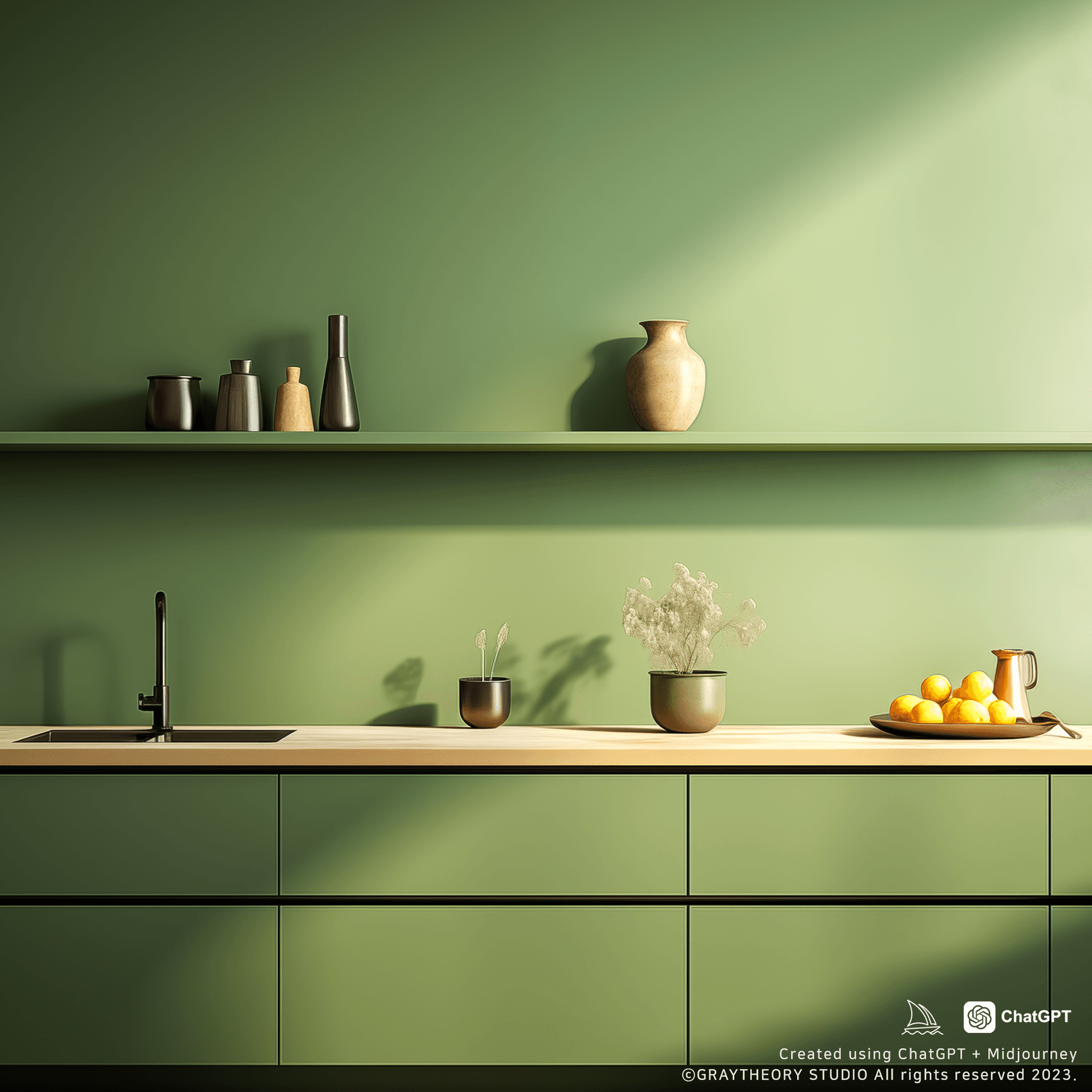 AI generated: photorealistic, kitchen, shelves, olive green, minimalistic, sunlight, 4k, ultra realistic, objet --...