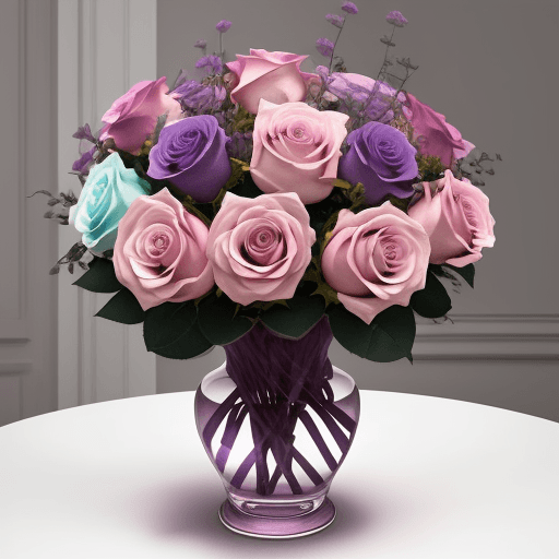AI generated: Several roses in a vase, pastel pink and purple tones.
