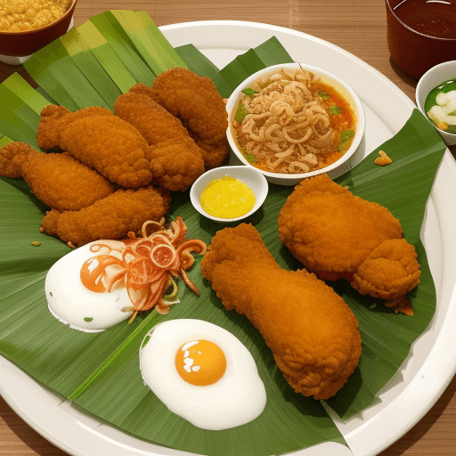 AI generated: Fried Chicken with Fried shallots. Thai breakfast Street Food on Banana Leaf.