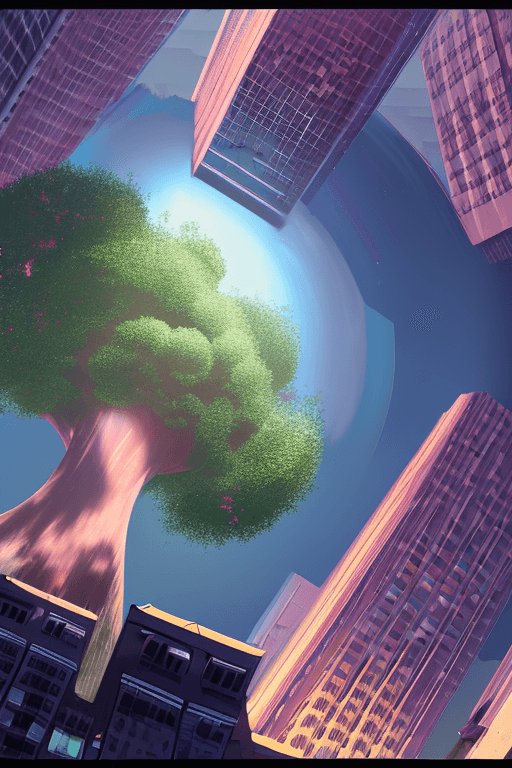 AI generated: a massive tree in the center of the frame with city buildings around it.      Earth life is based of...