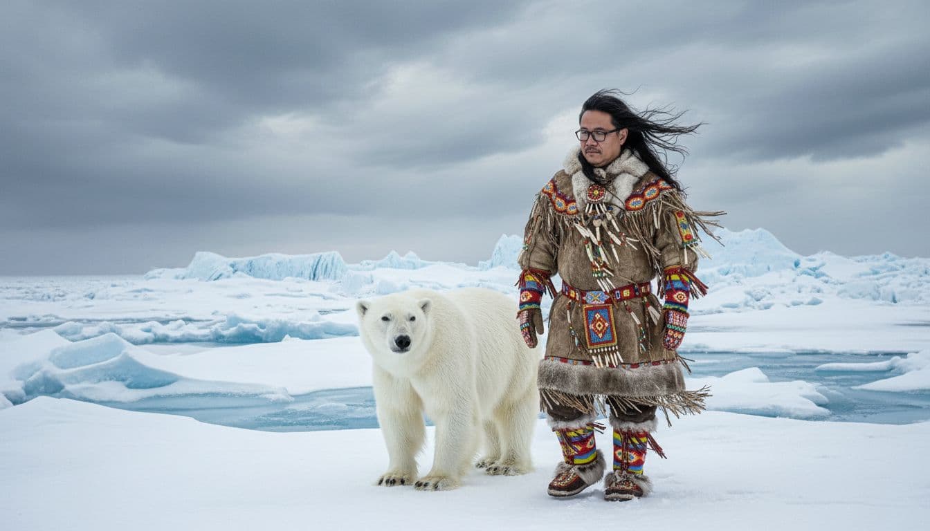 AI generated: A vast, snowy landscape with a polar bear walking alongside a man (image provided). The man is adorn...