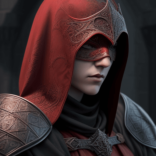 AI generated: closeup of cleric from the Middle Ages in dragon scale armor, with face covered by shade of dark-red...