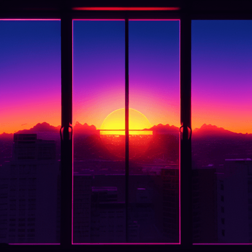 AI generated: window view from at the golden hour with colorful sky synthwave style