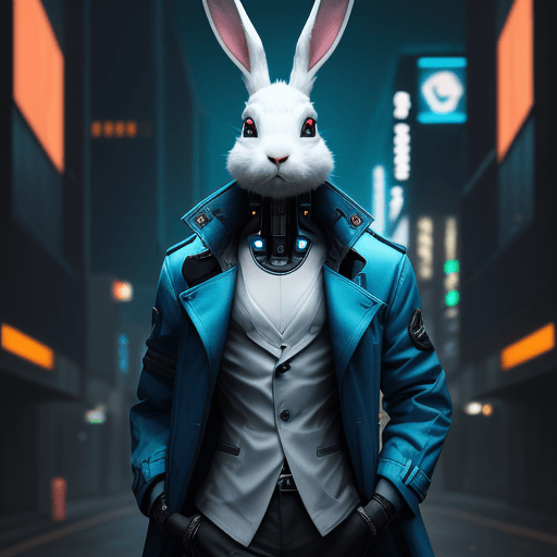 AI generated: an anthropomorphic cyberpunk rabbit in a blue trench coat | led and vibrant color ton | cybernetic |...