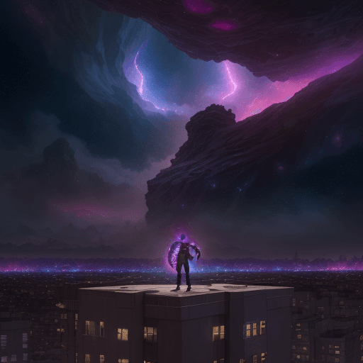 AI generated: a African American 13 yr old boy standing on an apartment building rooftop overlooking the busy city...