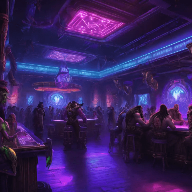 AI generated: Warcraft style nightclub, random people, neon lights, warcraft Universe, Concept Art, insane-res