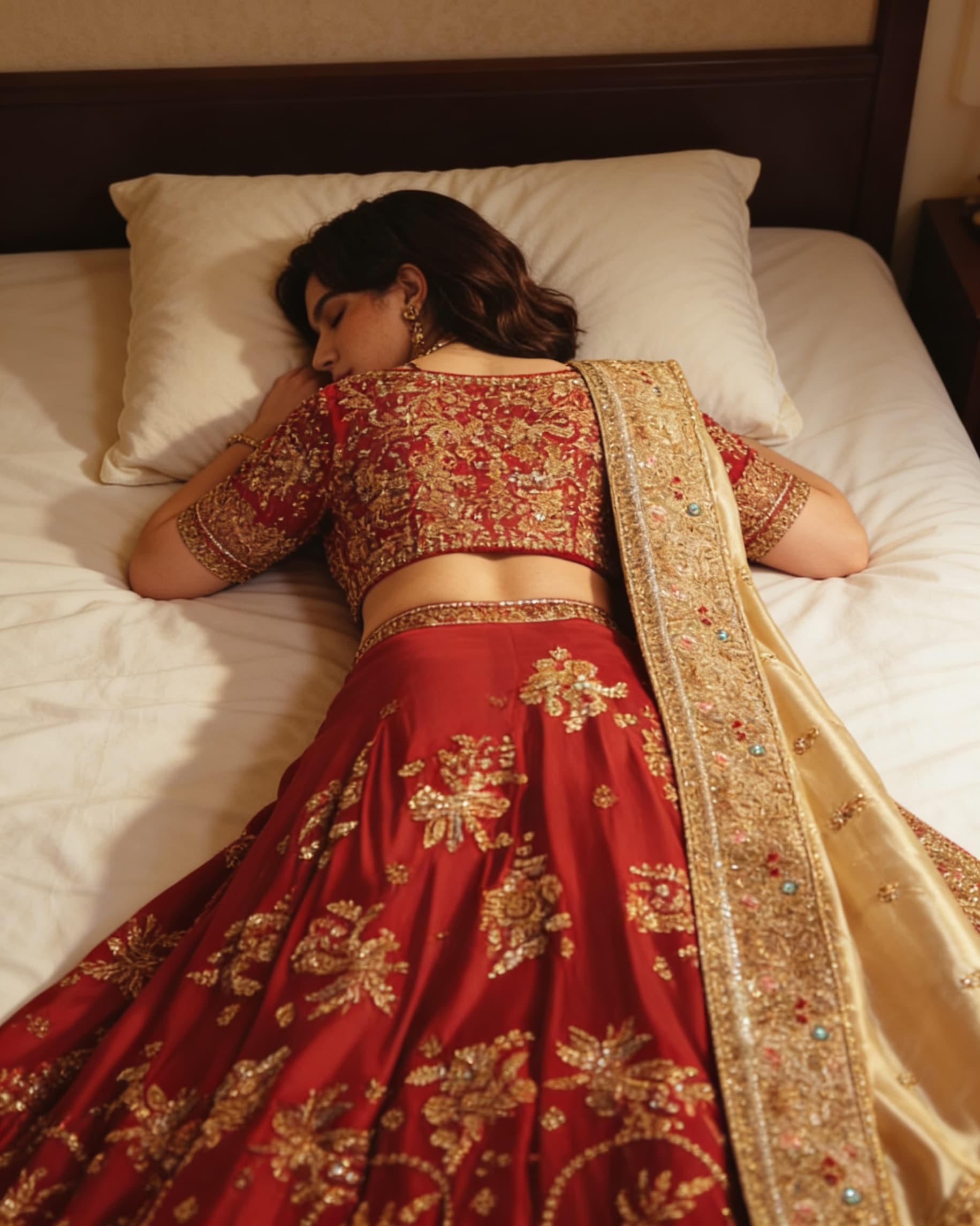 AI generated: Generate the high realistic picture as this Pakistani actress Aiza Awan is sleeping face lying down ...