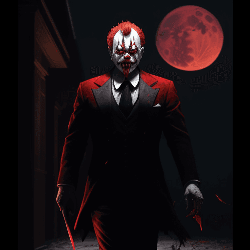 AI generated: In the middle of the night, a killer clown walking with money in his hands, his blade dripping with ...