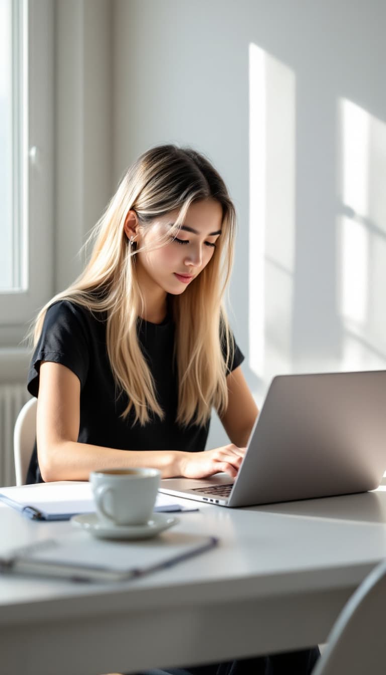 AI generated: A young Asian woman with length blonde hair sits at a white desk, focused on her laptop in a bright,...