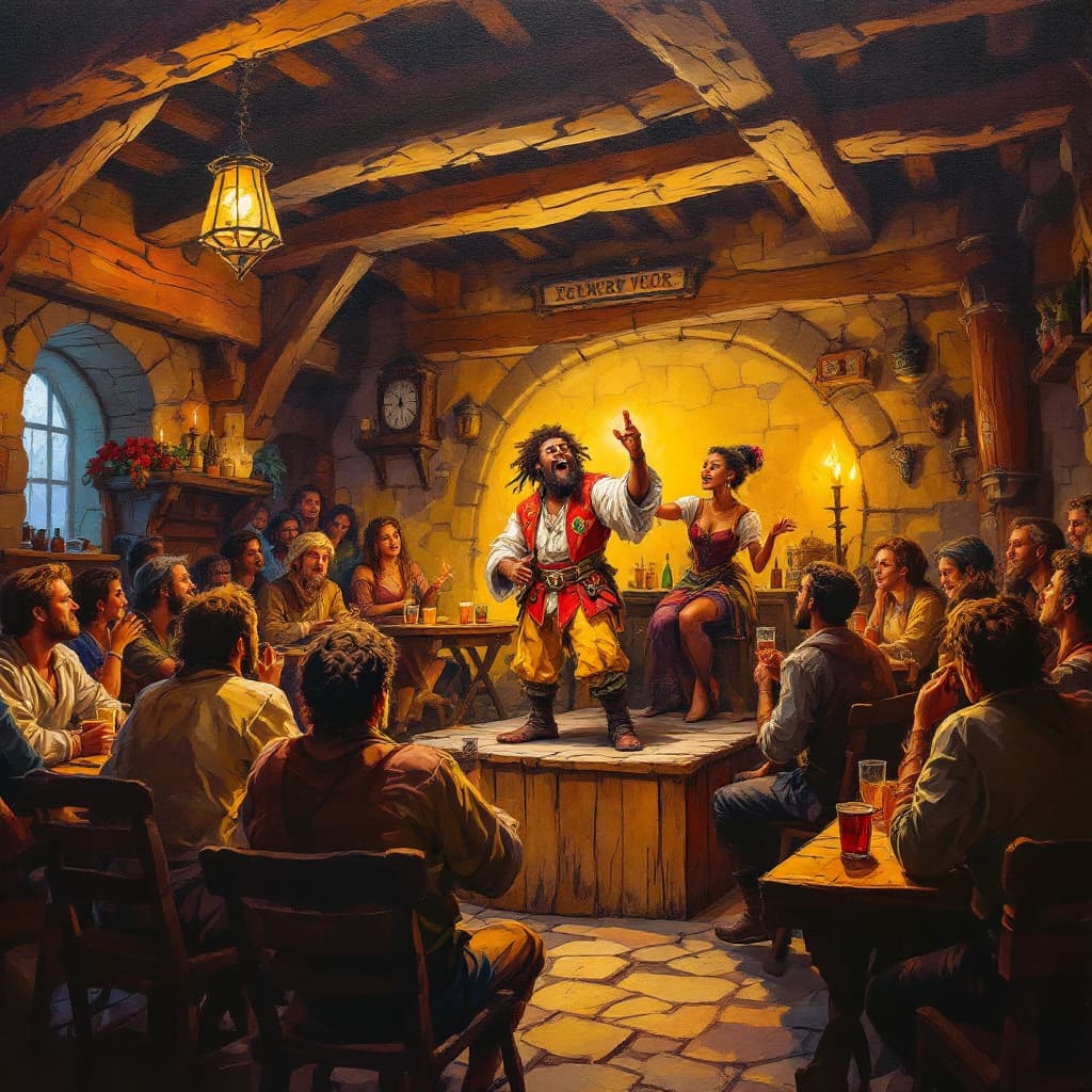 AI generated: A vibrant acrylic oil painting depicting a lively scene in a rustic tavern. The travel brown-skinned...