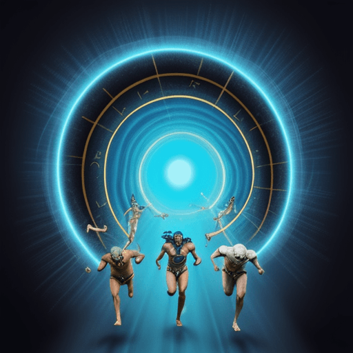 AI generated: Egyptian Gods running toward a bright blueish big interdimensional portal  in the middle of Manhatta...