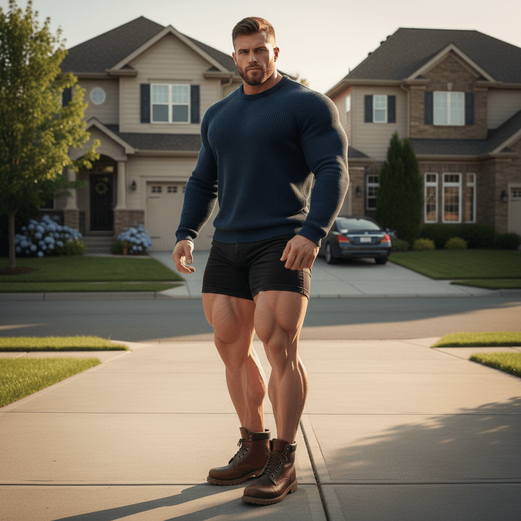AI generated: At a large driveway during a beautiful afternoon in a nice neighborhood. The model is a bodybuilder,...