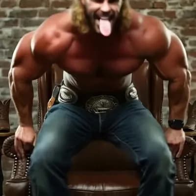 AI generated video: he's Standing up walking towards me smiling, flexing double biceps, I'm backing away, camera panning...