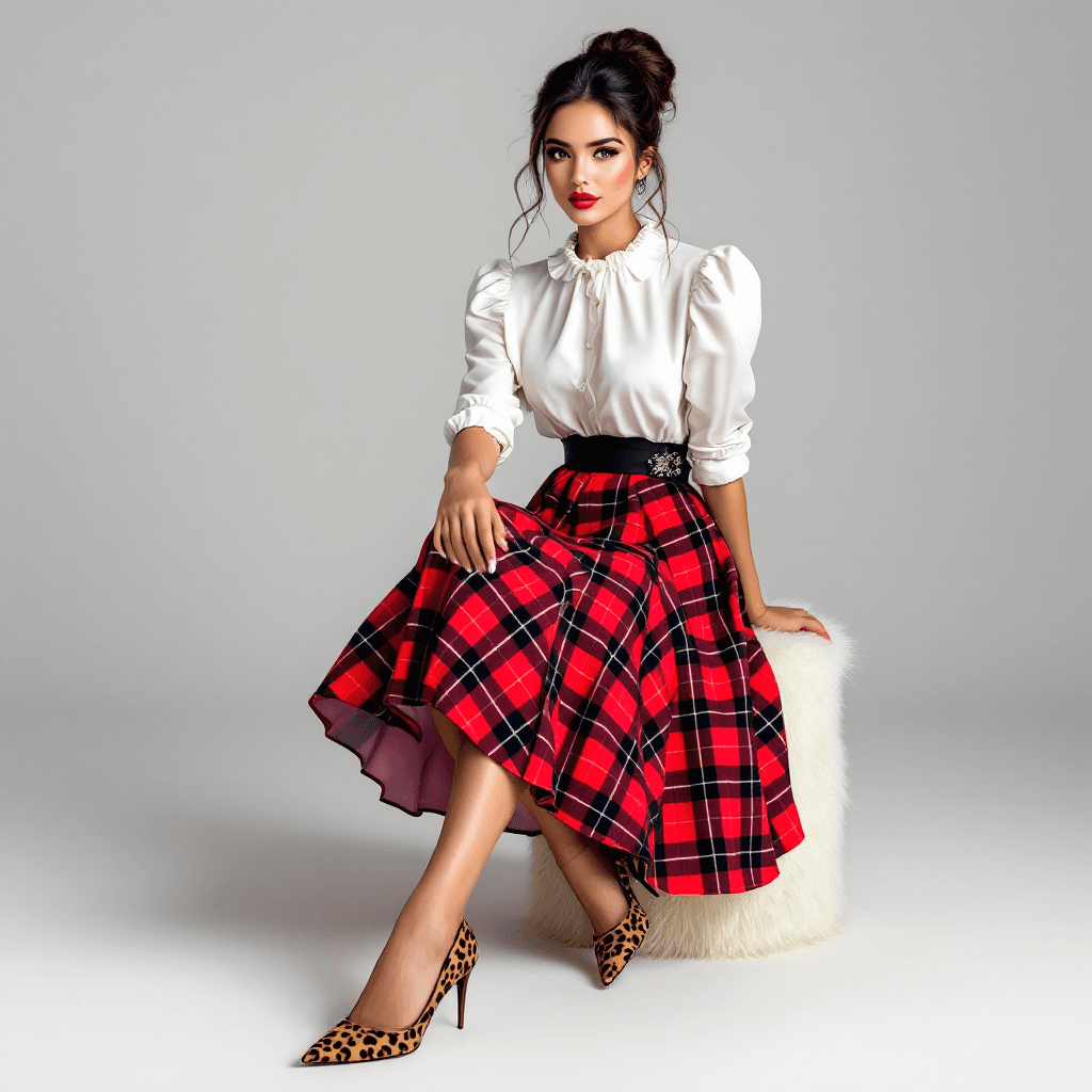 AI generated: A woman seated, wearing a white blouse with a ruffled collar, and a vibrant red and black plaid midi...