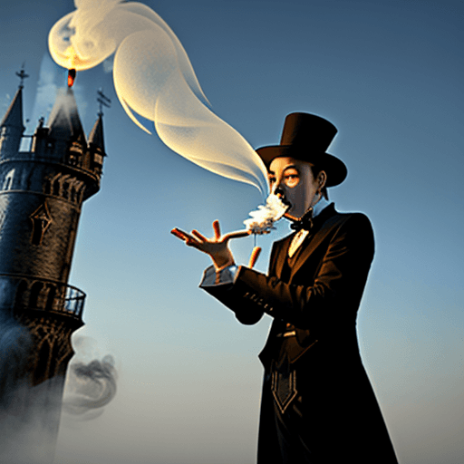 AI generated: Surprised magician beside a tower of rising smoke
