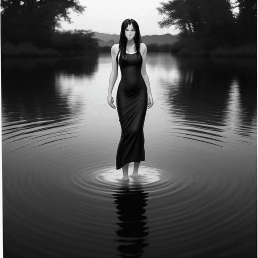 AI generated: The black and white photograph captures the serene moment of a woman standing waist-deep in water in...