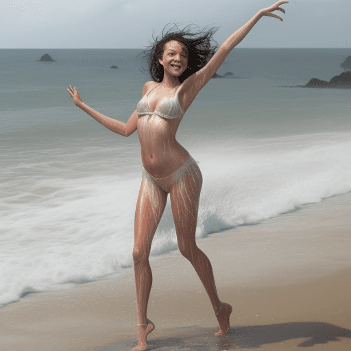 AI generated: girl, dancing on a beach, full body, wet skin