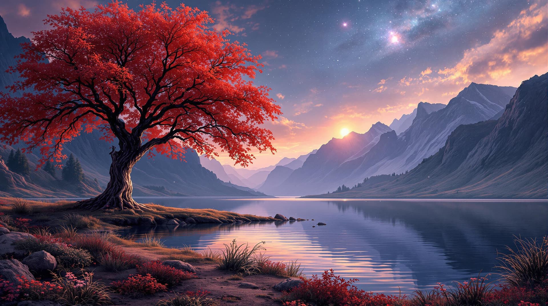 AI generated: Another World in a far distance galaxy.a serene landscape with a large red tree standing by a calm l...