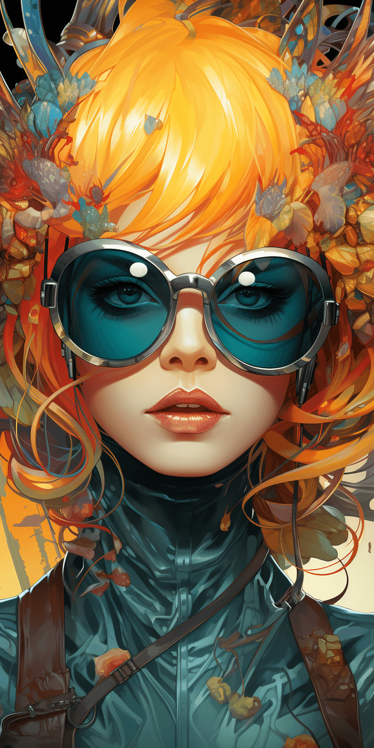 AI generated: a girl with orange hair dressed in glasses, in the style of futuristic digital art, flowerpunk, shin...