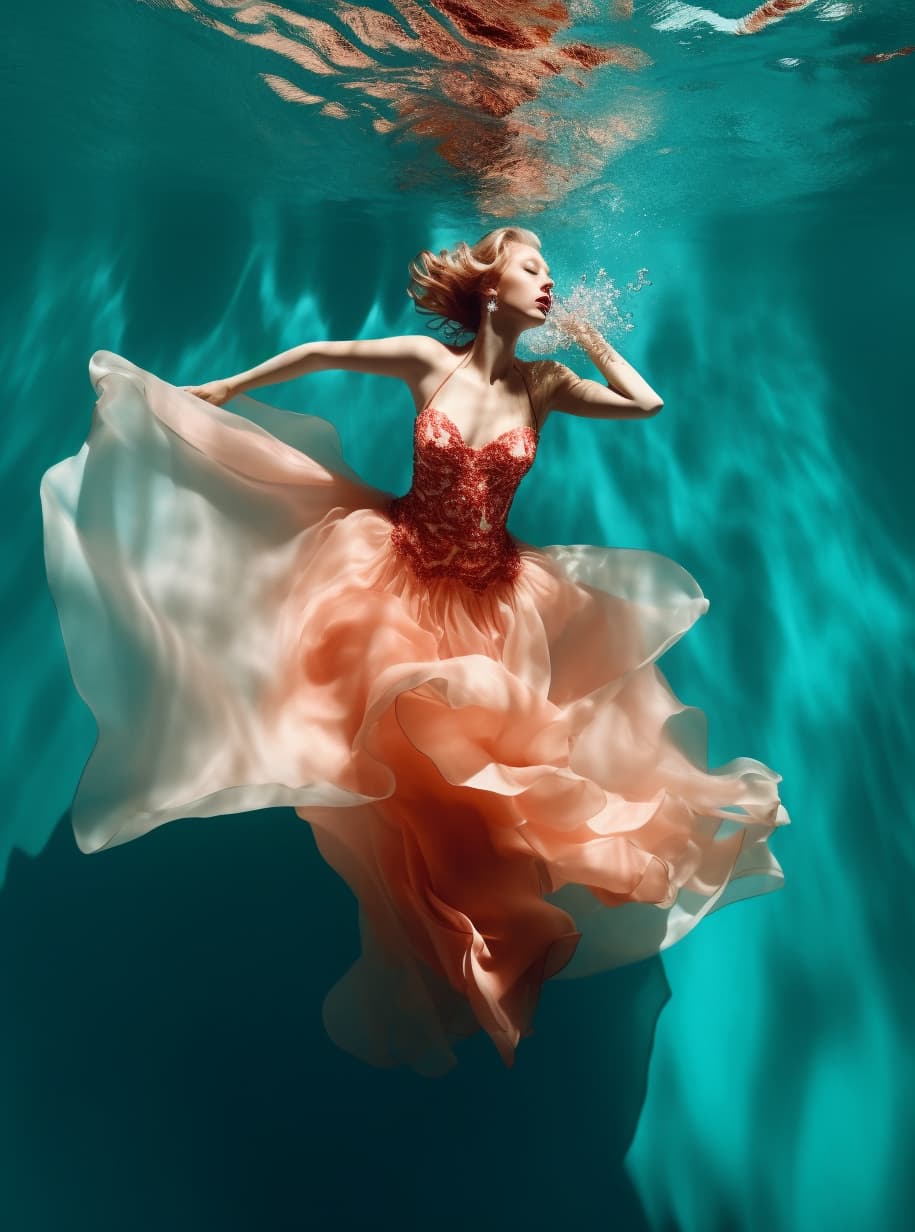AI generated: a glamorous woman wearing a full evening gown floats in the swimming pool on a sunny day, high angle...