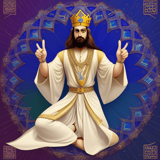 AI generated: cartoon character of Cyrus the Great wearing persian clothes with fractal shapes that or his finger ...