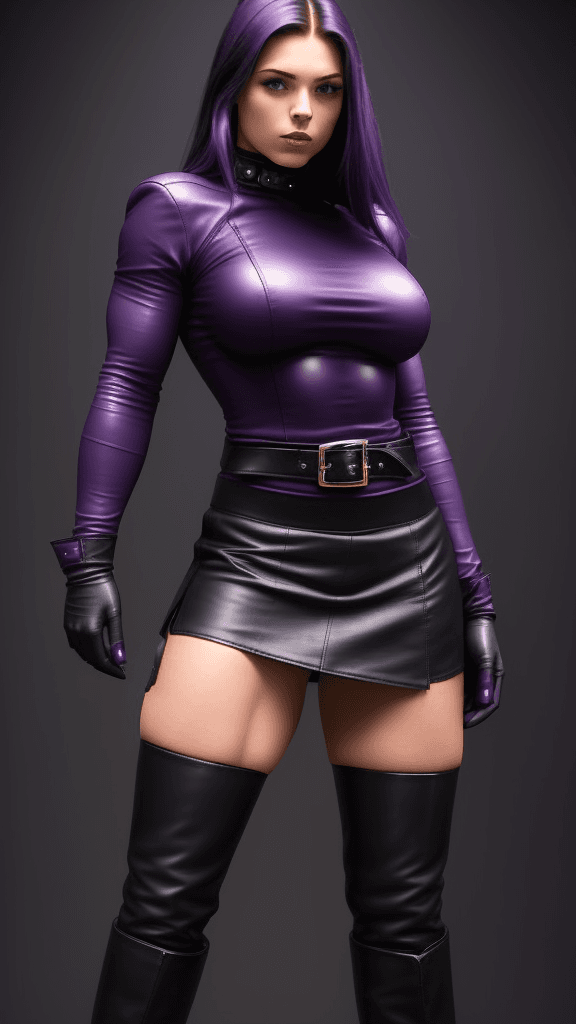 AI generated: 20 year old very muscular girl wears dark purple Leather skirt, dark purple Leather Gloves and dark ...