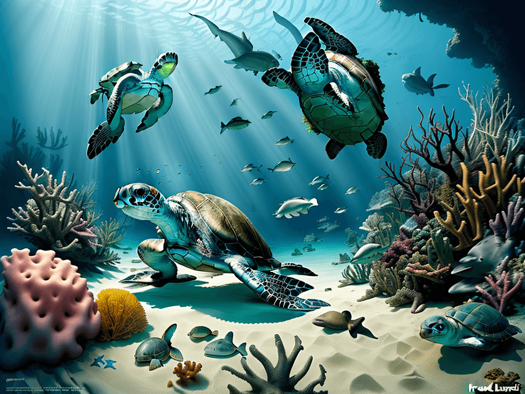 AI generated: Hyper realistic diving photo of an happy green turtle, old wreck on the sand, fishes, sharks, sponge...