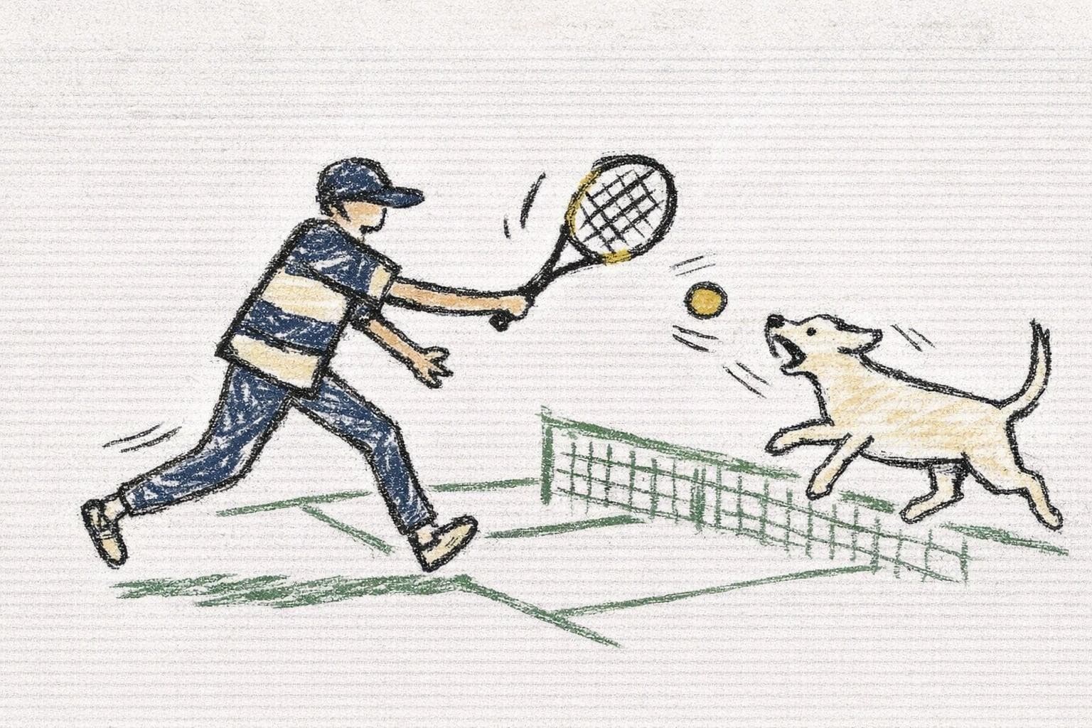 AI generated: man wearing jeans, two-tone striped polo (navy and cream), navy cap, hitting a tennis ball with a ra...