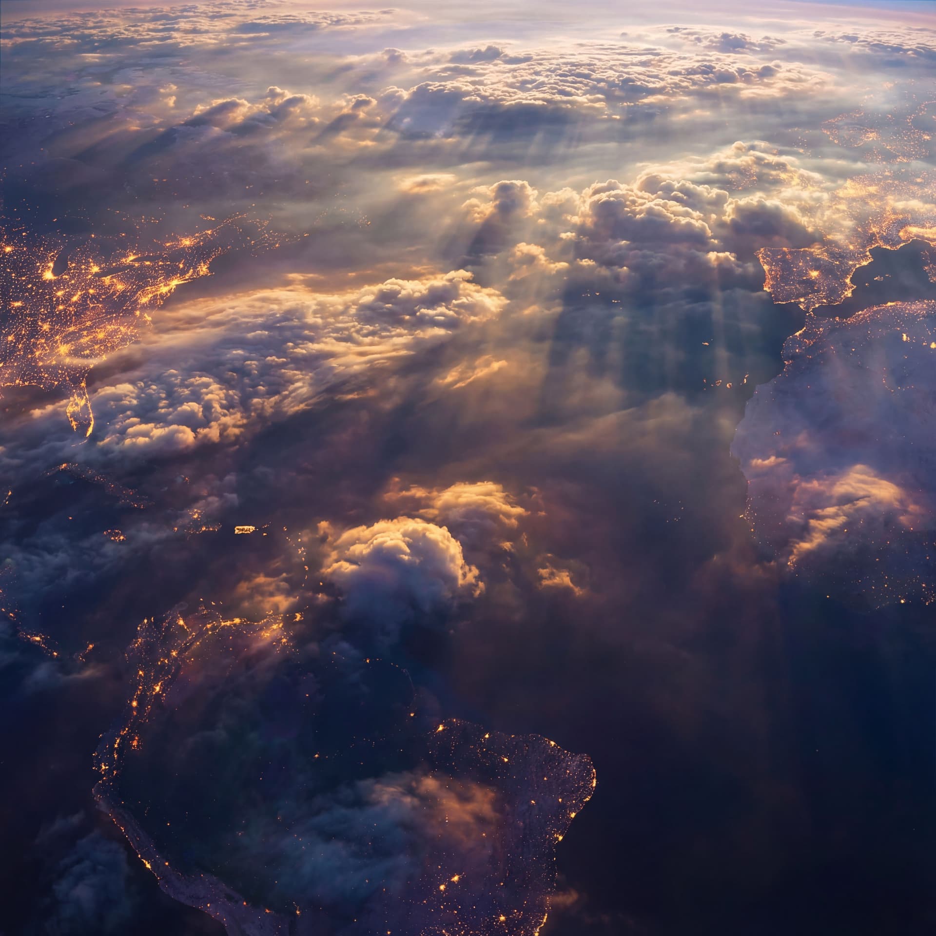 AI generated: Earth in space with lighting, with lighting on its continents, from above the clouds of paradise, re...