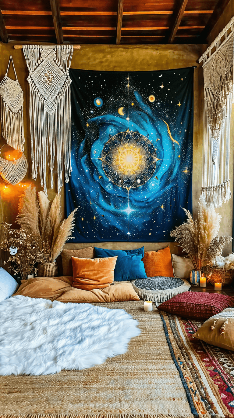 AI generated: Here is a high-end bohemian celestial sanctuary featuring your mystical, cosmic-themed artwork in a ...