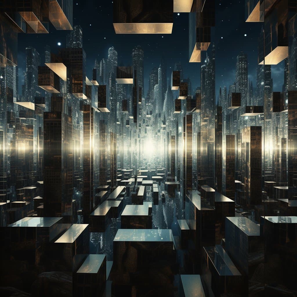 AI generated: Cityscape of Infinity Mirrors A Nocturnal Metropolis Twisting Inward 