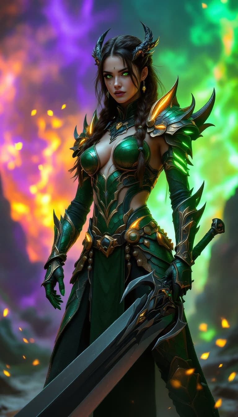 AI generated: An ultra-realistic, full-body portrait of an imposing emerald dragon knight woman, radiating strengt...