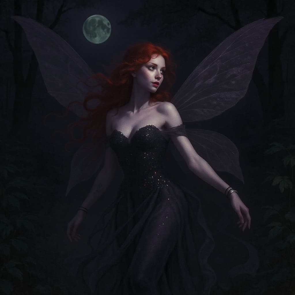 AI generated: A beautiful fairy with fiery red hair and black sequined bodice weaving shadows in a moonlit glade, ...