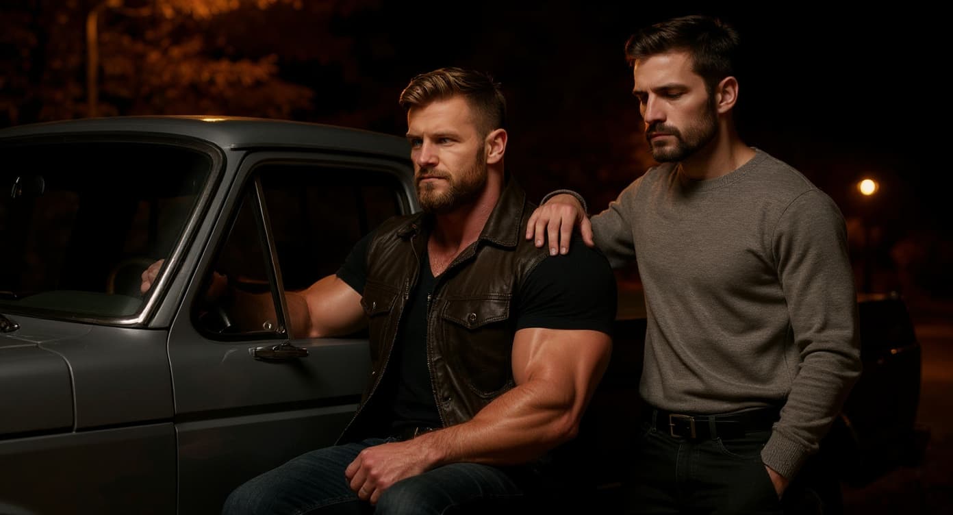 AI generated: In an Autumn night, the bodybuilder is driving a vintage Ford olive green pick up truck. he has one ...