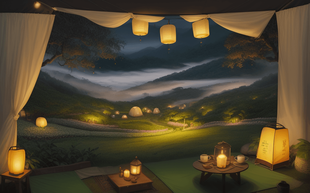 AI generated: /imagine prompt: Tea garden camping in the embrace of swirling mist, tents positioned strategically ...