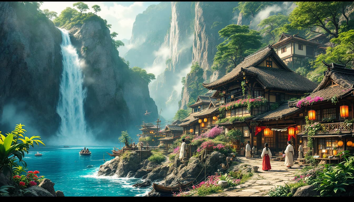 AI generated:  A dreamlike feudal Japanese fishing village scene unfolds on a rugged sea coast, where a vibrant wa...