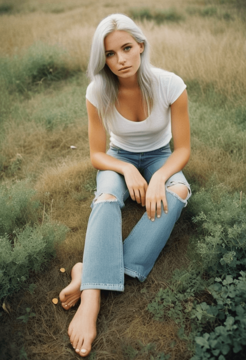 AI generated: analog film photo beautiful European woman, long ash-white hair, (freckles:1.1), light-blue eyes, hi...