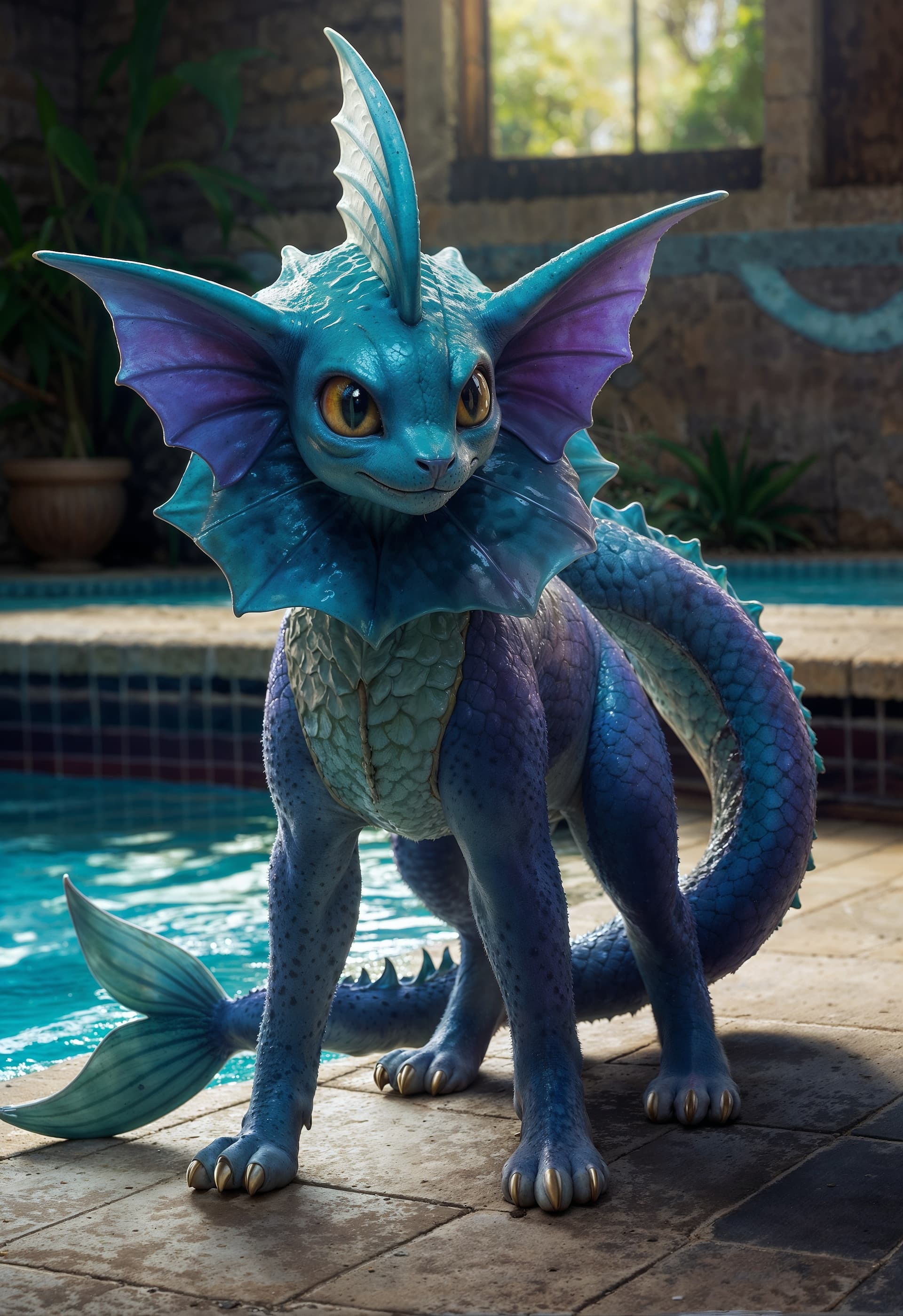 AI generated: rating_safe, source_furry, (high quality, detailed), indoor pool, poolside, tile floor, ((pokemon, v...