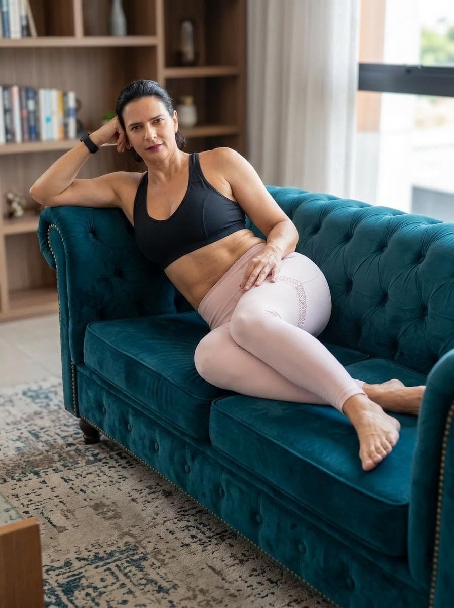 AI generated: Coloque essa mulher deitada em um sofá estreito, olhando para a câmera 