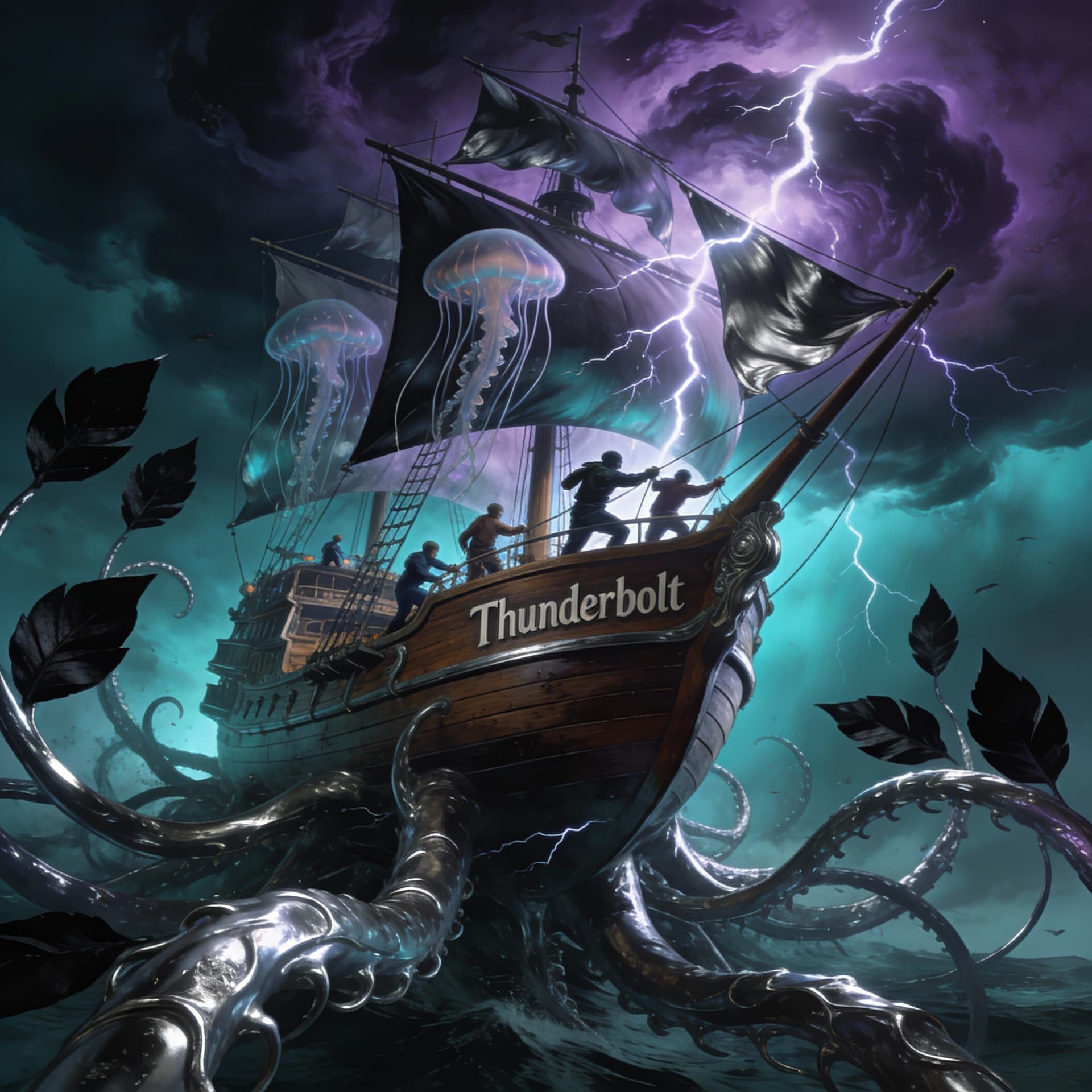 AI generated: The "Thunderbolt" is a wooden-structured spacecraft, sporting jellyfish-like sails and surrounded by...