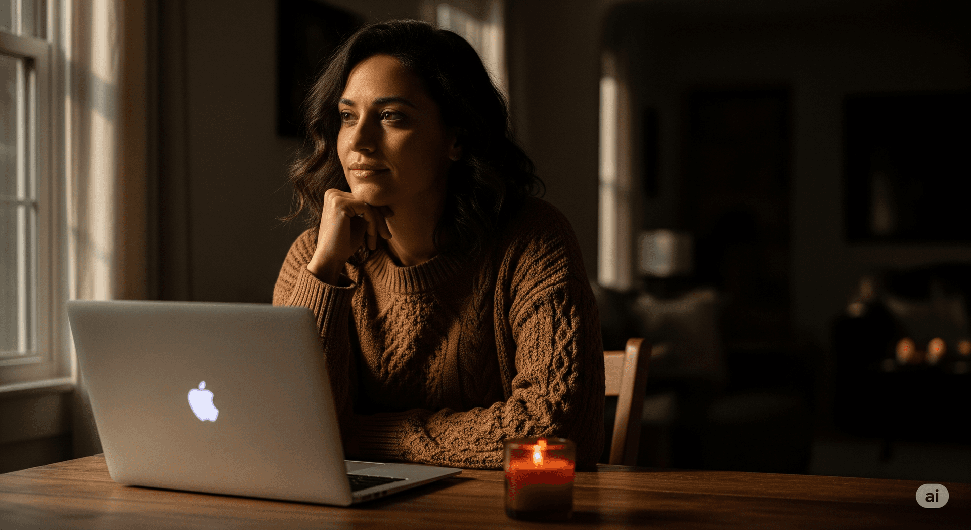 AI generated: A cinematic shot of a woman in a brown sweater, sitting at a wooden table in a sunlit room, with a l...