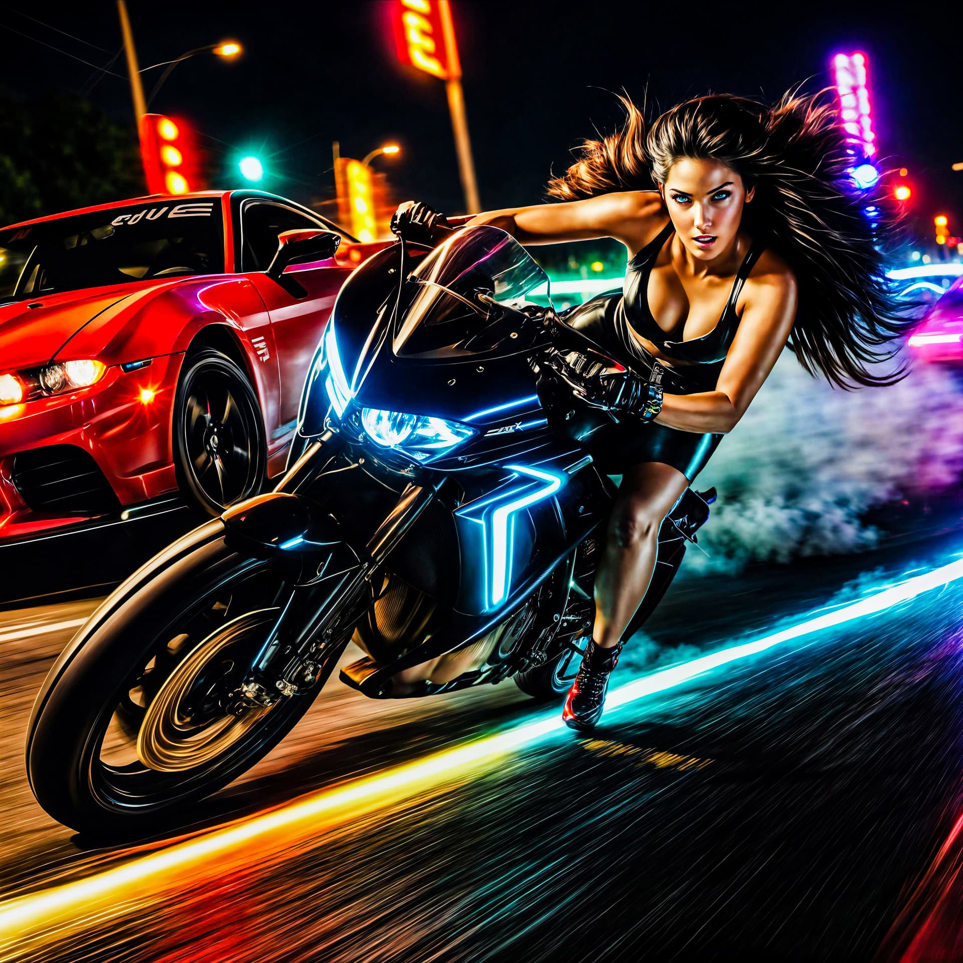 AI generated: Electrifying scene captures a stunning woman <lora:myownface:1> astride a futuristic race motorcycle...