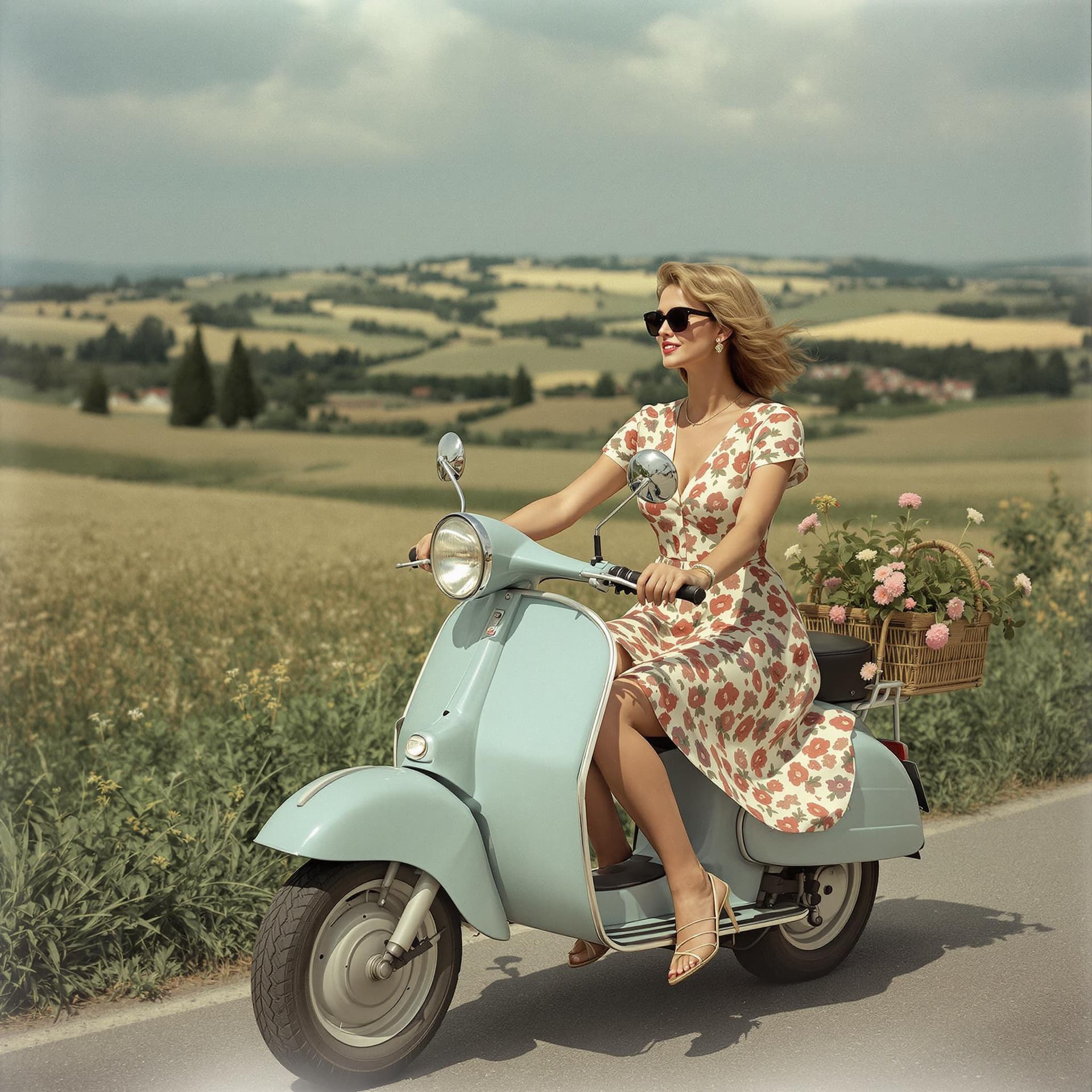 AI generated: beautiful italian lady riding  a lambretta in 1960's tuscany, 60's dress, sunglasses, beautiful scen...